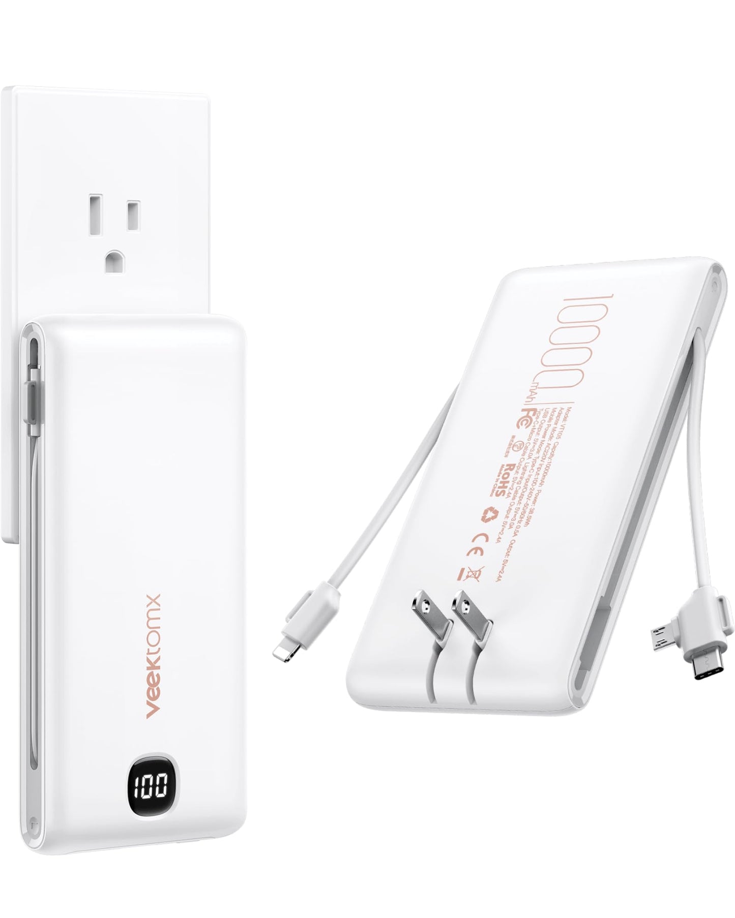 VEEKTOMX Portable Charger with Built in Cables 10000mAh, Power Bank for iPhone with AC Wall Plug, Fast Charging USB C Slim Battery Pack with LED