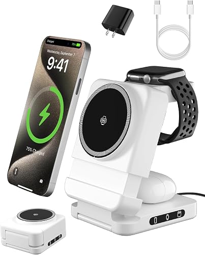 3 in 1 Foldable Wireless Charger, 15W Qi2 Magnetic Charger Stand for iPhone & Samsung, Apple Watch & Galaxy Watch, AirPods & Galaxy Buds