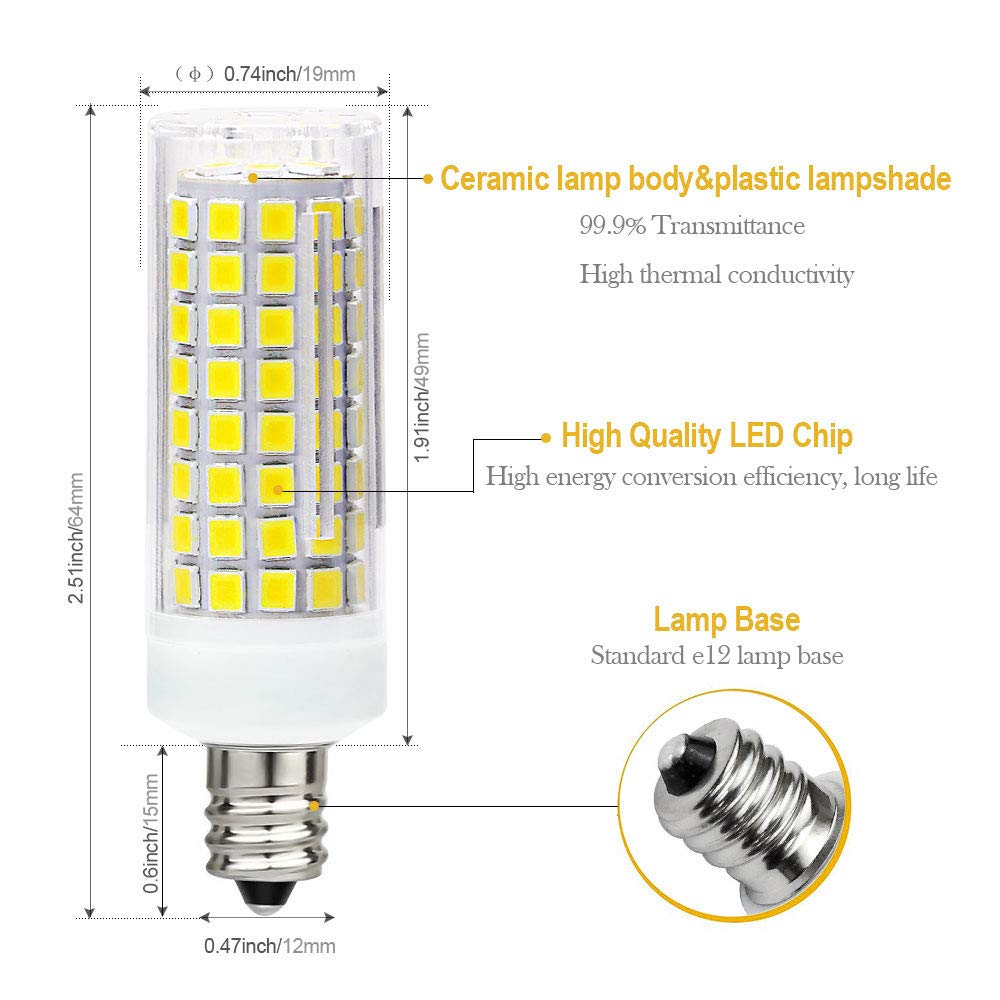 E12 LED Bulb 8W C7 Bulb Equivalent to E12 Halogen Bulb 80W, Daylight 6000K T3/T4 Base 120V E12 Candelabra Bulbs for Ceiling Fan, Chandelier Lighting