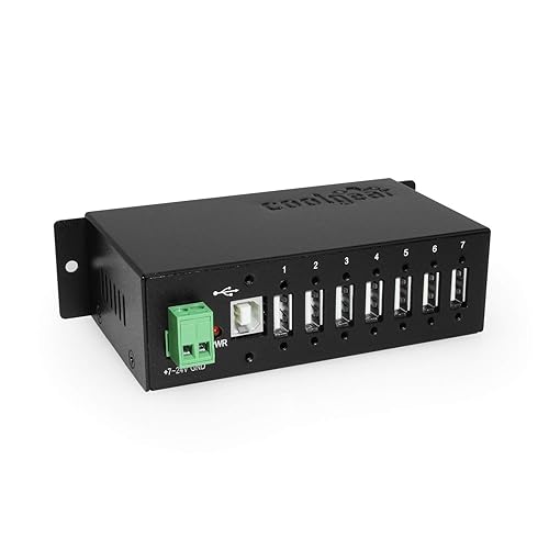 Coolgear Industrial 7 Port USB 2.0 Hub with NEC Chip, Surge Protection, Screw Lock Ports for Secure Connections, Surface & DIN Rail Mount Ready
