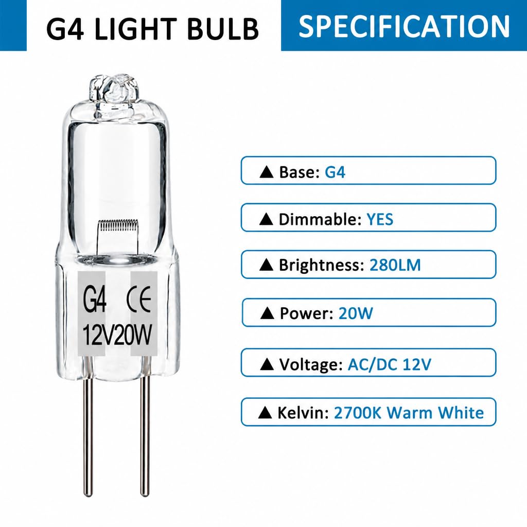 SCNNC JC Halogen Bulb 12V 20W G4 Bulb T3 Bi-Pin Bulb