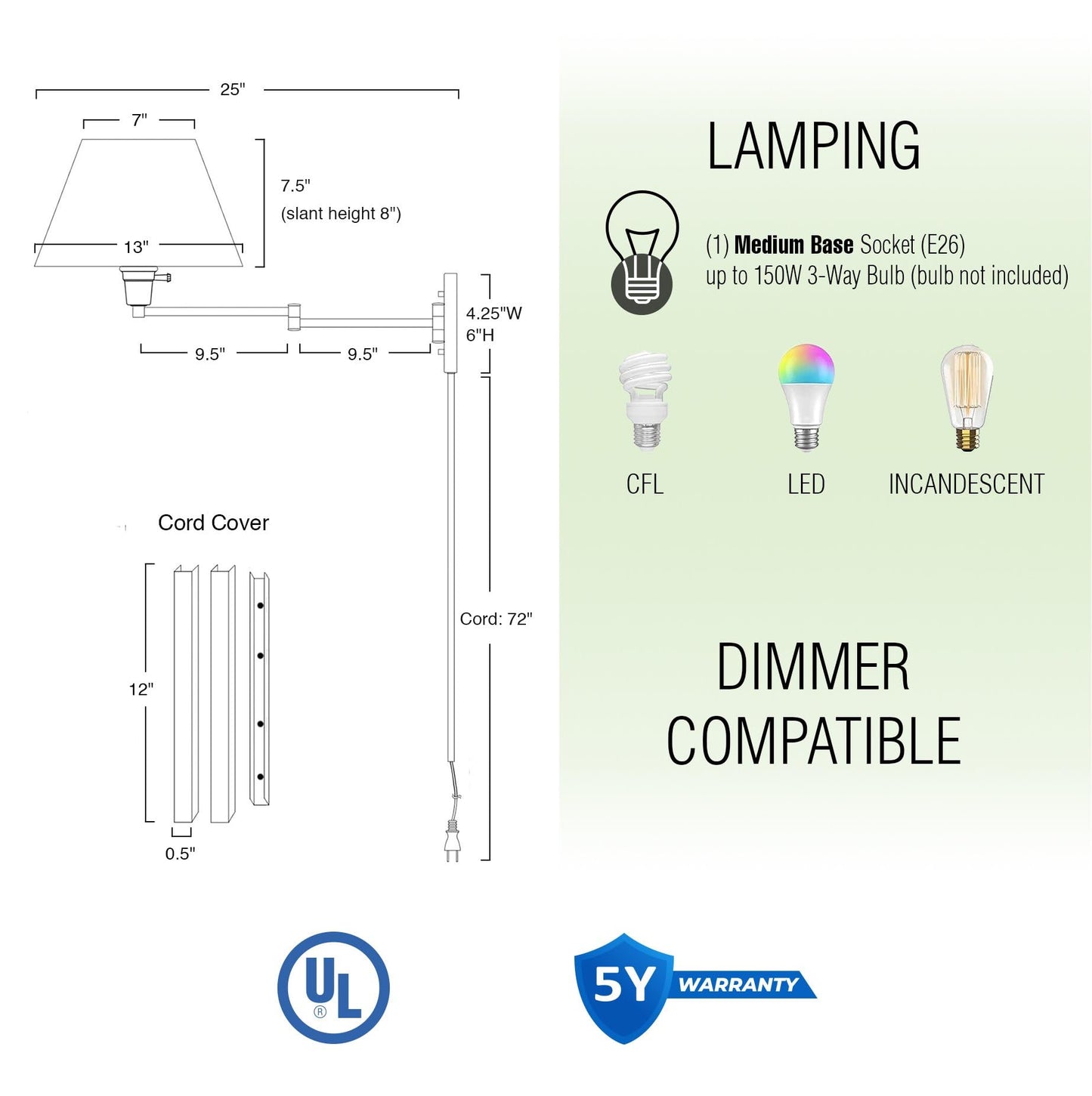 Kira Home Cambridge 15" Modern Swing Arm Wall Sconce with White Empire Fabric Shade, 2-in-1 Plug in or Hardwired Wall Lamp with 3-Way Switch, Satin
