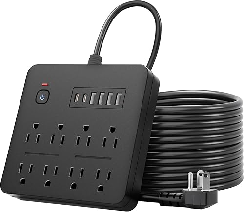 6 FT Flat Plug Surge Protector Power Strip,8 Multiple AC Outlets with 6 USB Ports (2 USB C), 6 Feet Extension Cord, 1250W/10A, One Touch Switch