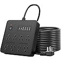 6 FT Flat Plug Surge Protector Power Strip,8 Multiple AC Outlets with 6 USB Ports (2 USB C), 6 Feet Extension Cord, 1250W/10A, One Touch Switch