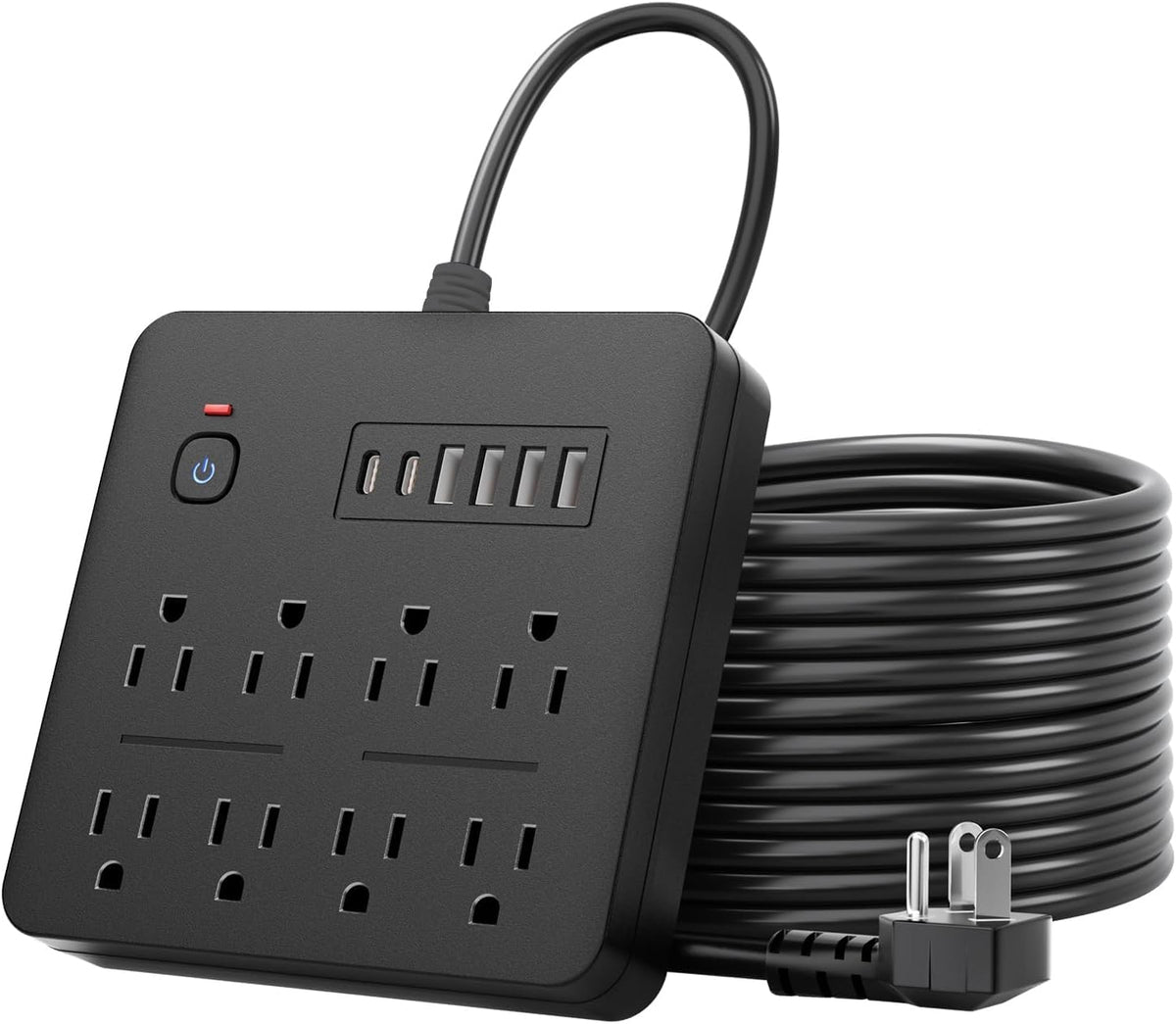 6 FT Flat Plug Surge Protector Power Strip,8 Multiple AC Outlets with 6 USB Ports (2 USB C), 6 Feet Extension Cord, 1250W/10A, One Touch Switch