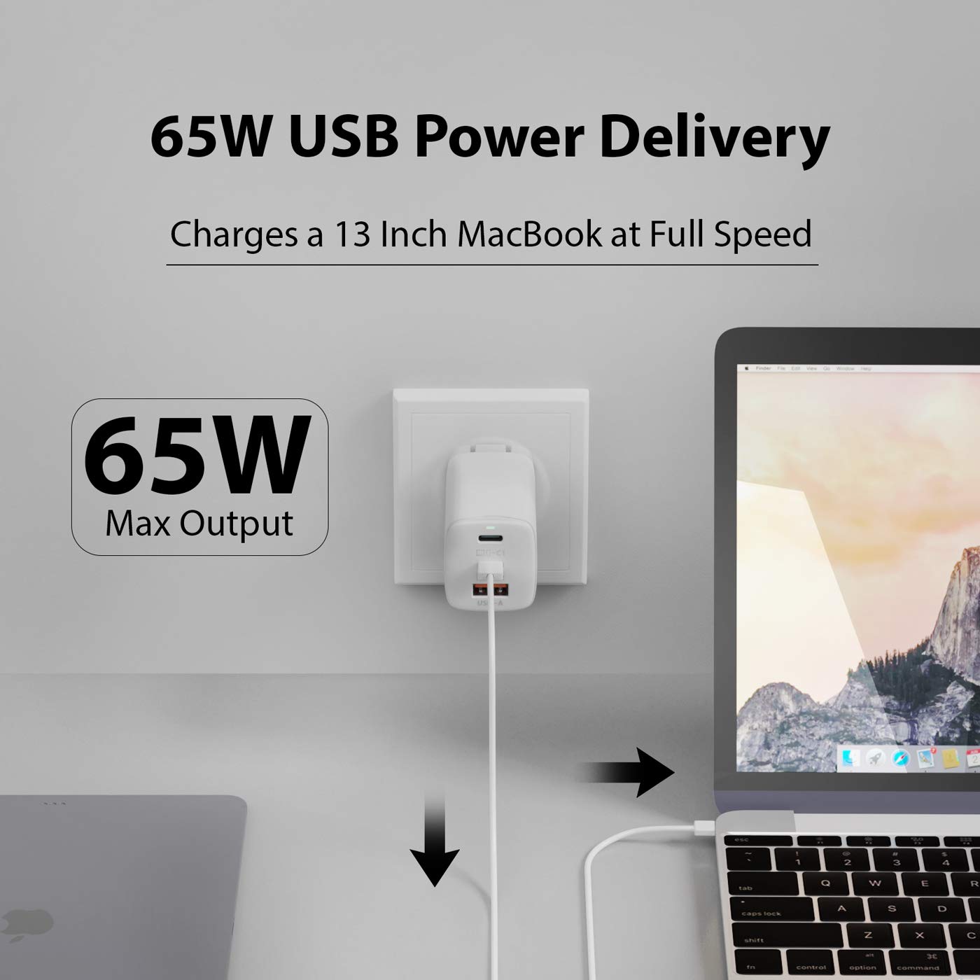 Ceptics USB C Wall Charger, 65W Ultra Compact with Quick Charge 3.0 PD Power Delivery - GAN TECH - Small USB + Dual USB-C - 3 Ports Total - Powerful