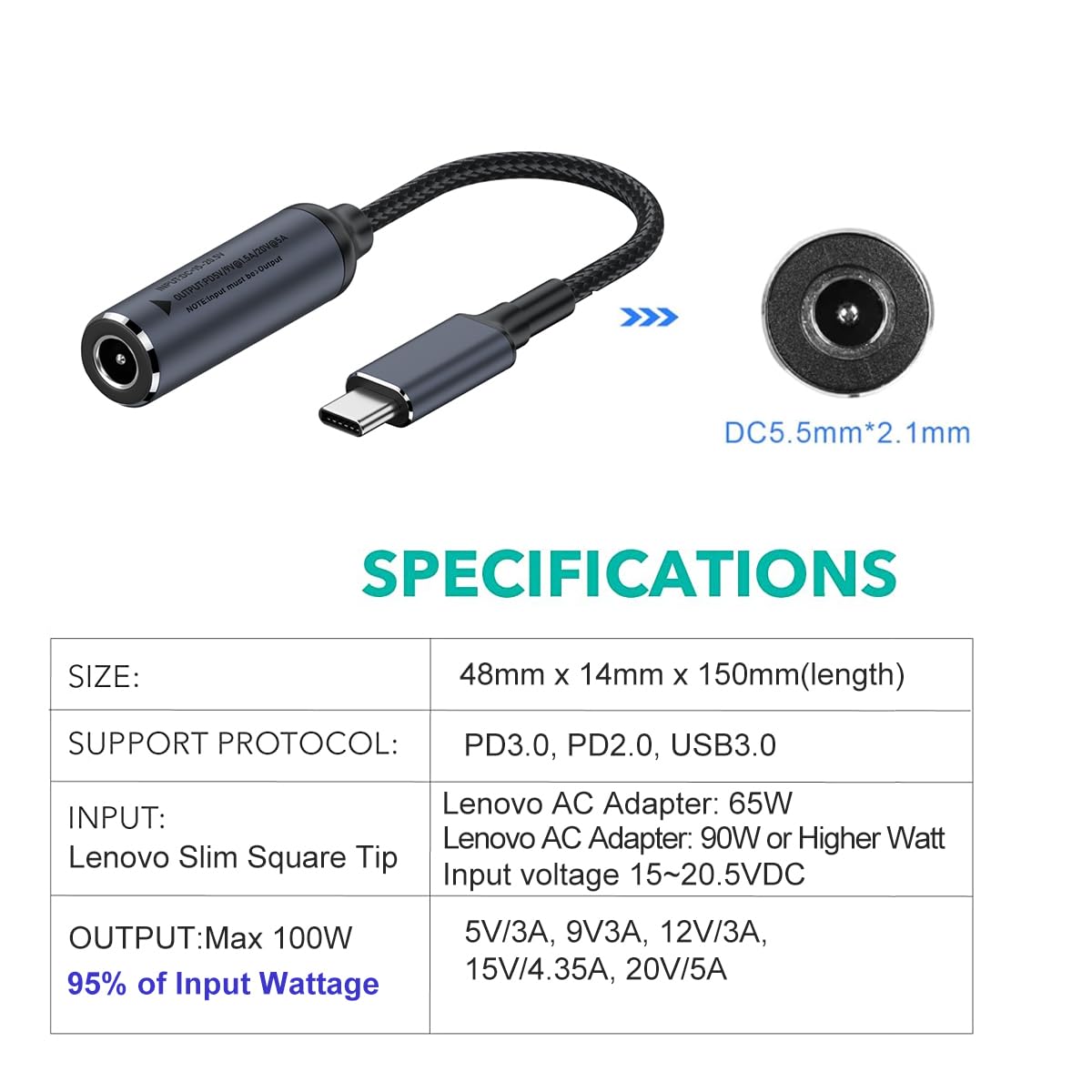 PLUSPOE PD 100W DC 5.5mm x 2.1mm Female Input to USB Type C Male Power Charging Cable, 100W DC5521 to Type C Cable with PD Automatic Identification