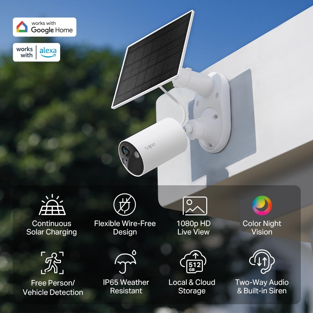 Tapo SolarCam 1080p Outdoor Wireless Security Camera - Battery Power with Solar, Person Detection, Subscription-Free Local Storage or Optional Cloud