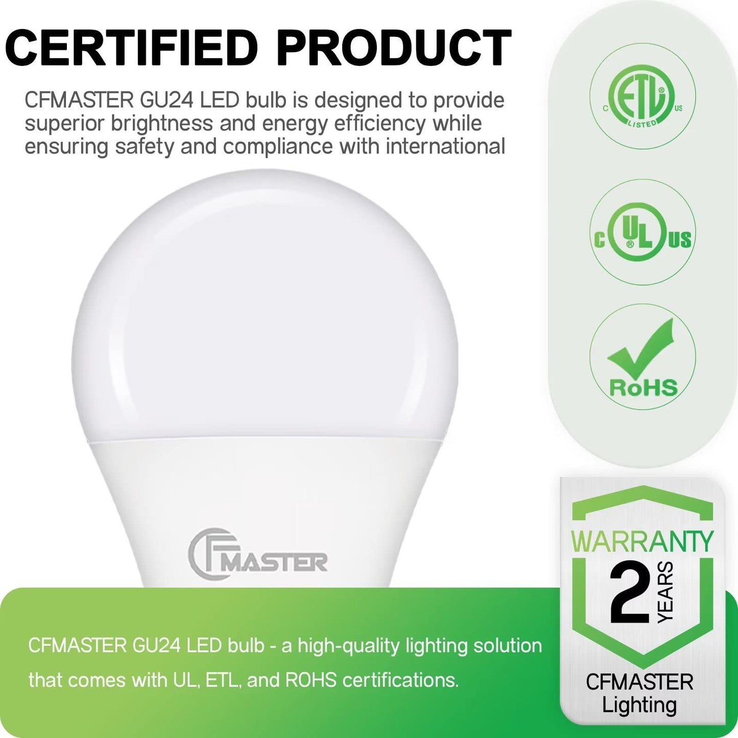 CFMASTER GU24 LED Light Bulb, 5000K Daylight, 9W(100W Equivalent), 800 Lumens, A19 Shape GU 24 LED Bulbs, Twist and Lock GU24 Pin Base with Two
