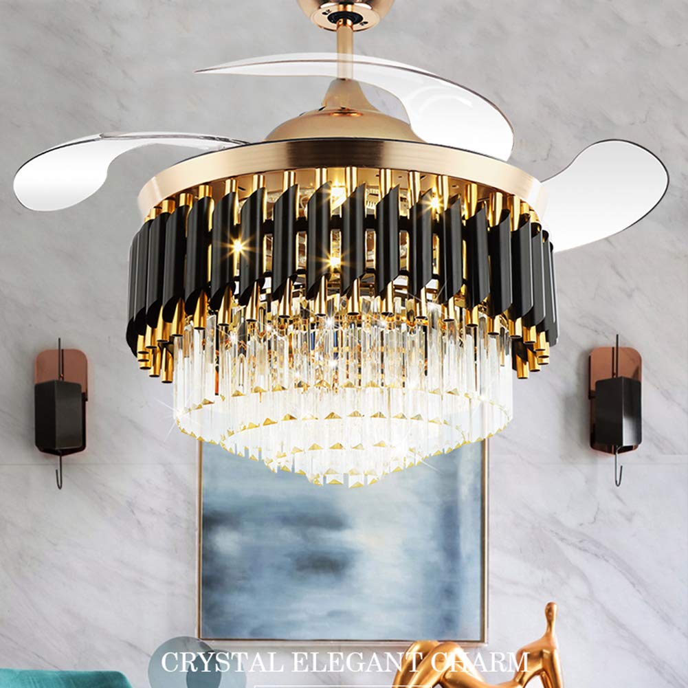 Fandian 42" Crystal Ceiling Fan with Light Remote Control Chandelier Retractable Fandelier, Luxury 3 Color Lighting for Dining Room, Living Room