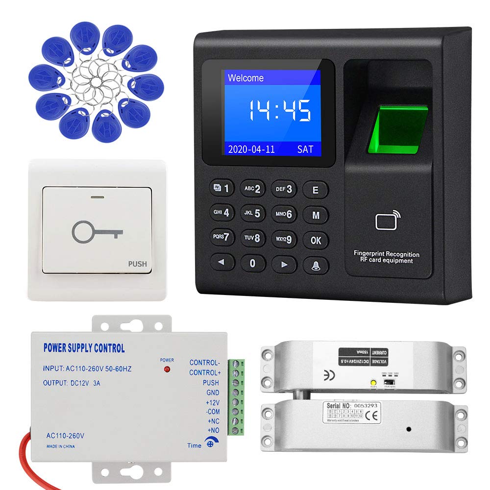 LIBO Complete RFID Access Control System Fingerprint Access Controller Keypad, DC12V / 3A Power Supply Transformer, Electronic Bolt Lock with Exit