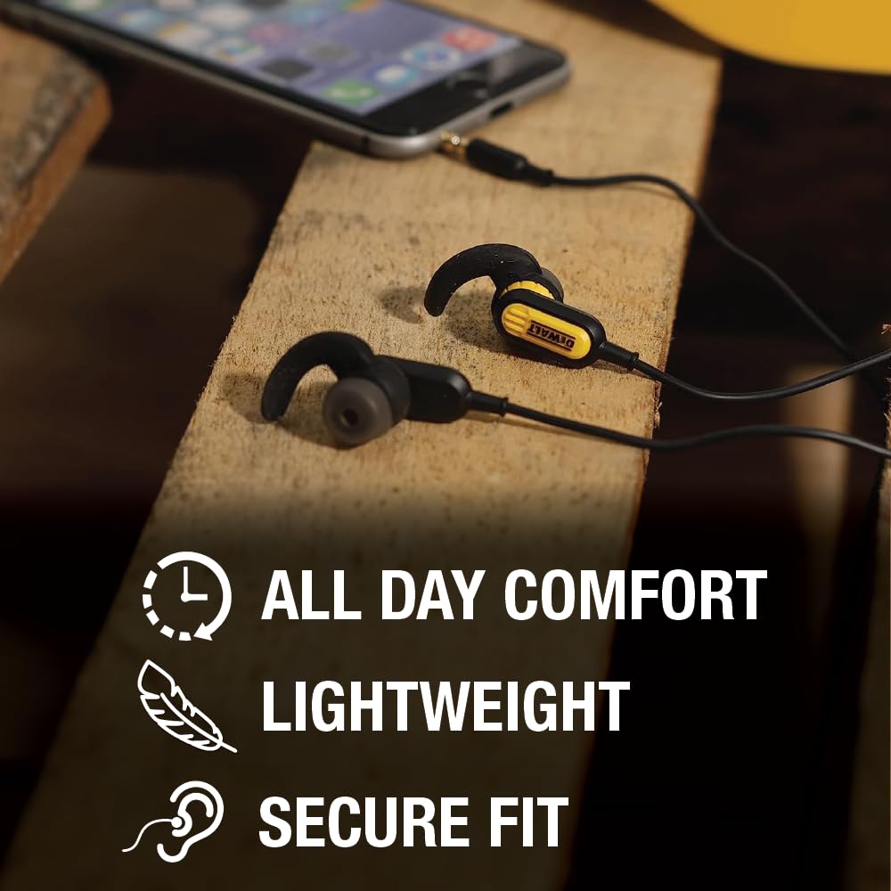 DEWALT Heavy Duty Wired Earphones with Microphone, Jobsite Earbuds Wired 3.5mm, Water-Resistant 3.5mm Earbuds with Mic, Connected Headphones