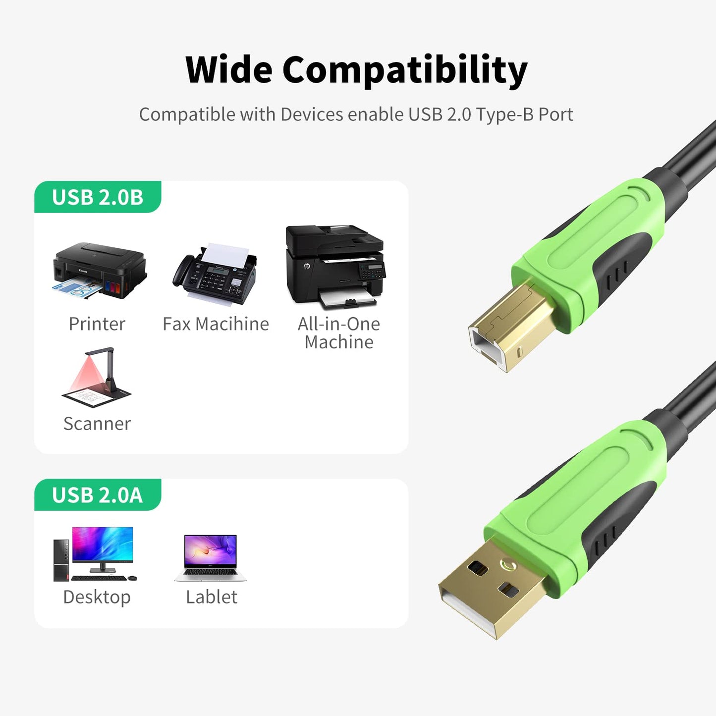 XXONE 30ft USB Cable - Type A-Male to B-Male, Gold-Plated for Printer/Scanner