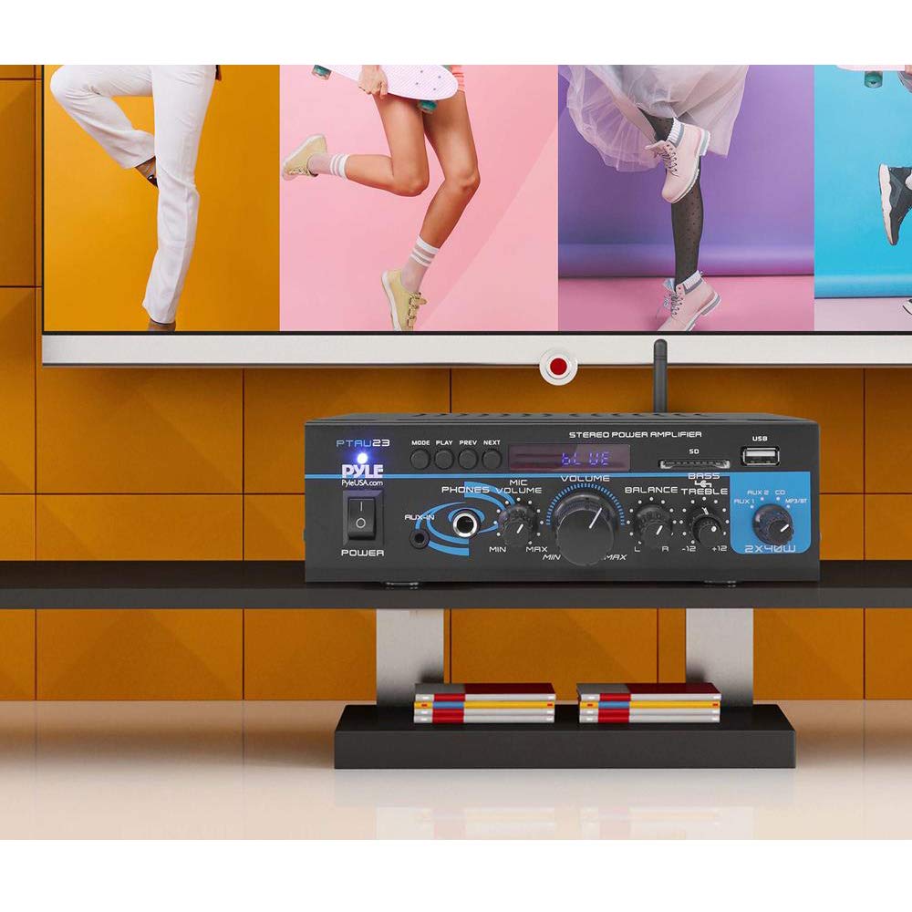 Pyle Home Audio Bluetooth Power Amplifier System - 2X40W Mini Dual Channel Mixer Sound Stereo Receiver Box w/ RCA, USB, AUX, Headphone, Mic Input