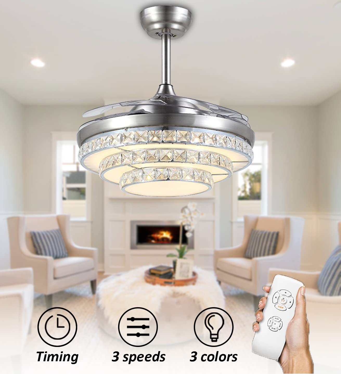 Angry Pryo 42" Crystal Invisible Ceiling Fans with Lights,Retractable Remote Control 3 Color 3 Speed LED Silent Modern Fan Chandelier Lighting