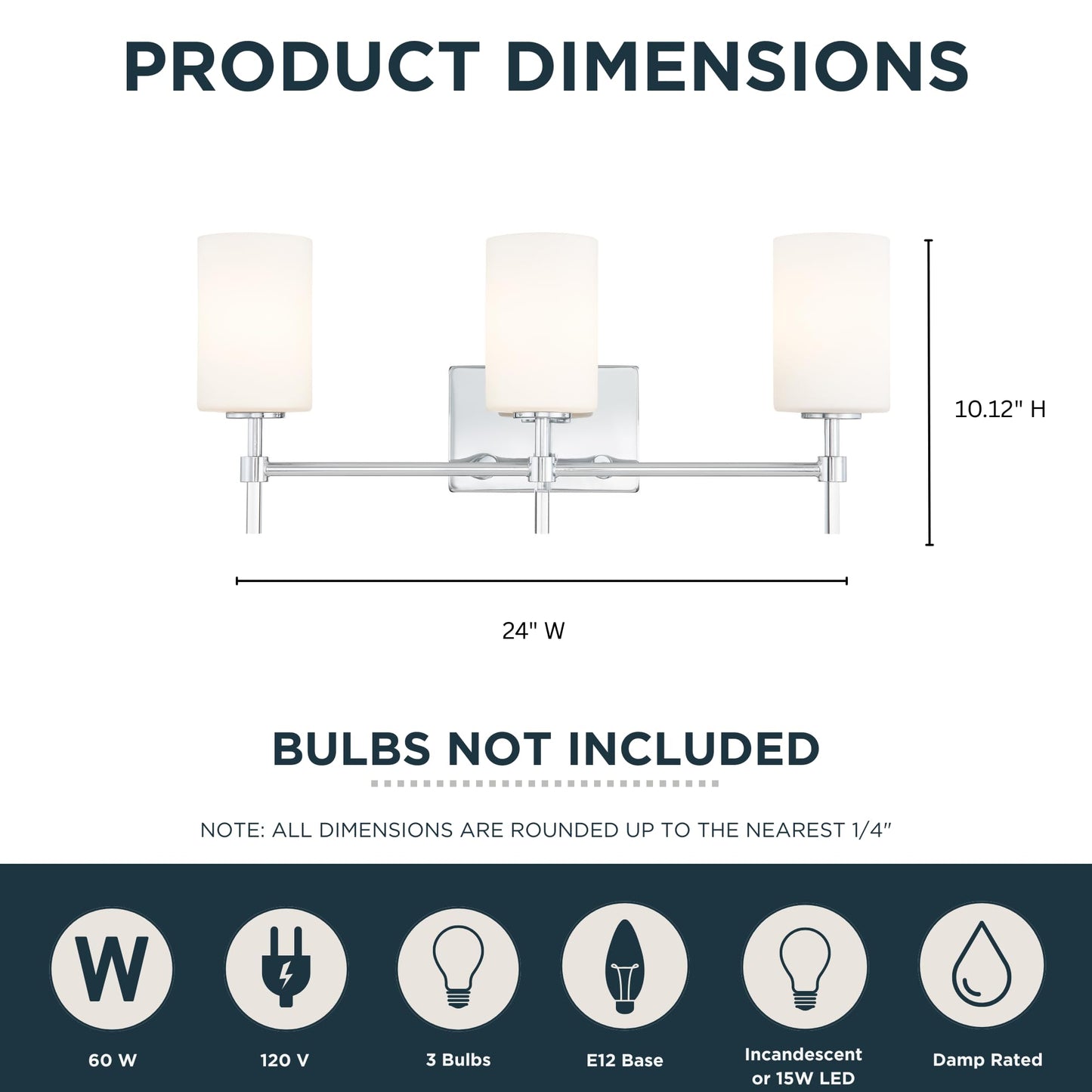 Quoizel Rossfield 24" 3-Light Vanity Light, Chrome with White Etched Glass, Dimmable LED Compatible