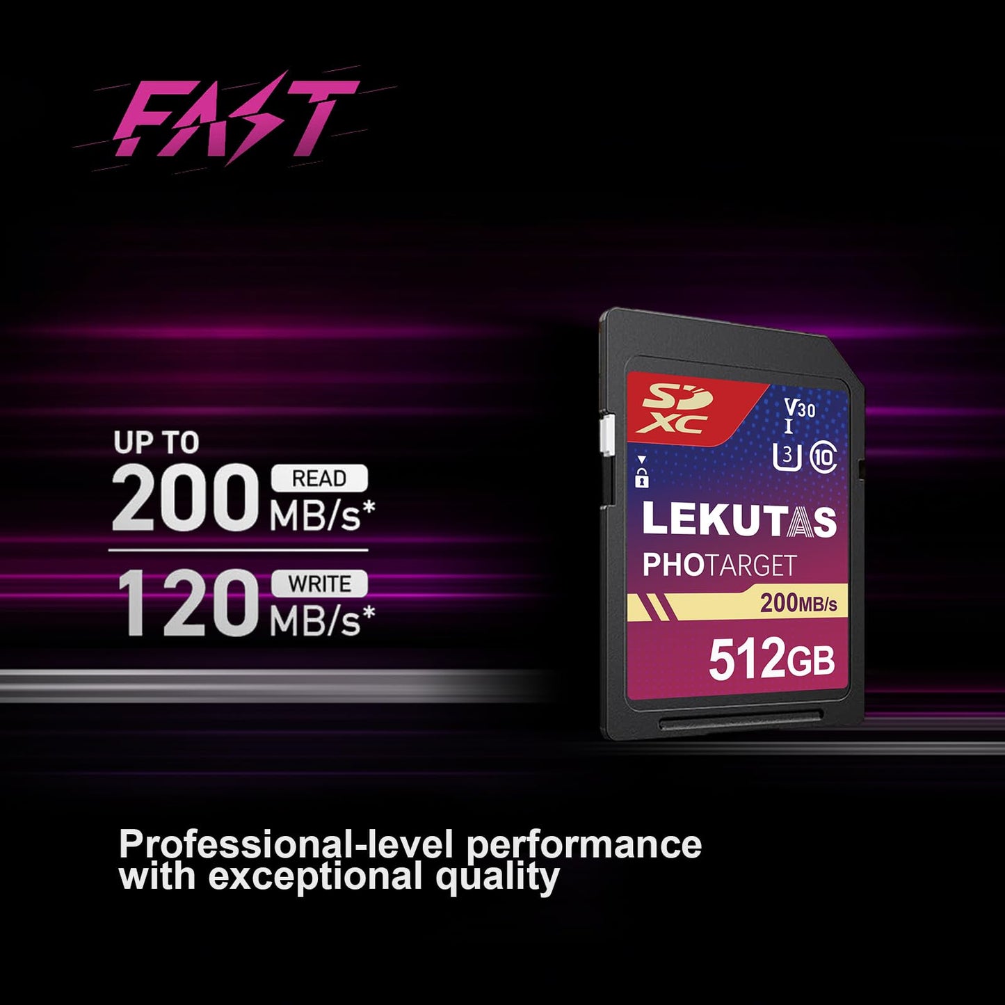 LEKUTAS 512GB SDXC UHS-I Memory Card - Up to 200MB/s Read Speed, C10, U3, V30, 4K UHD, Full-HD 4K Video SD Card for Canon Nikon Sony Panasonic DSLR