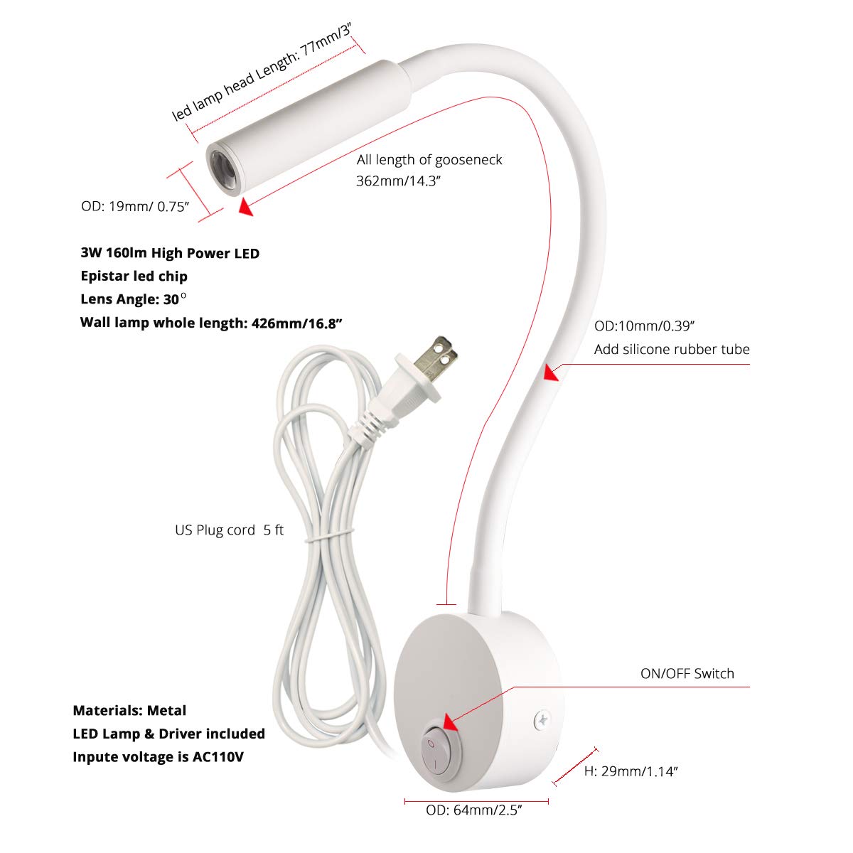 LEDSONLINE White Wall Mount Reading Light for Headboard Bright 6000K Pure White 25° Focused Beam Bed Flexible Gooseneck Task Lamp for Hotel Marine