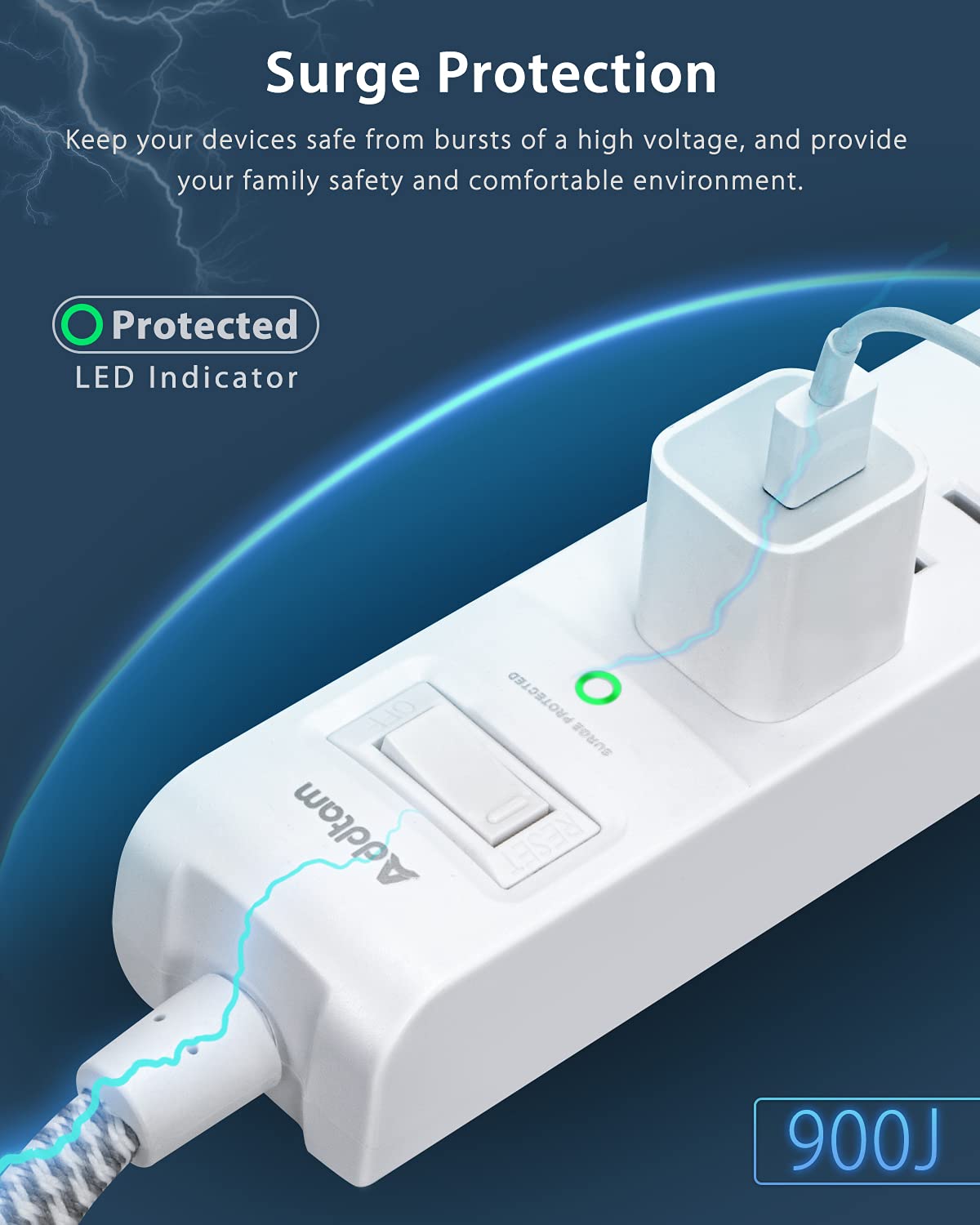 2 Pack Power Strip Surge Protector - 5 Widely Spaced Outlets 3 USB Charging Ports, 1875W/15A with 5Ft Braided Extension Cord, Flat Plug, Overload