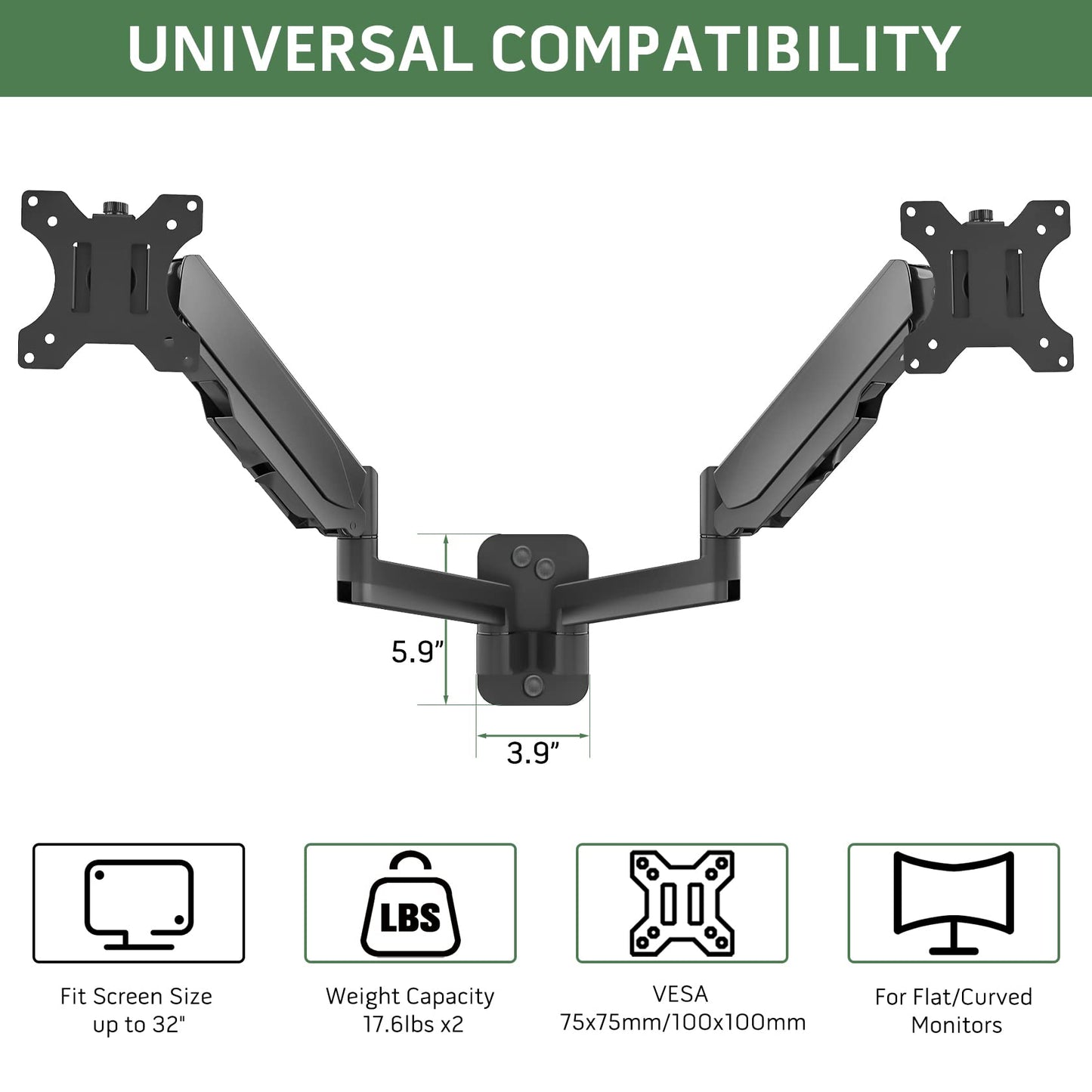 UPGRAVITY Dual Monitor Wall Mount, Double Monitor Wall Stand for Two 17-32 inch Flat Computer Screens, Height Adjustable Gas Spring Mounted Bracket