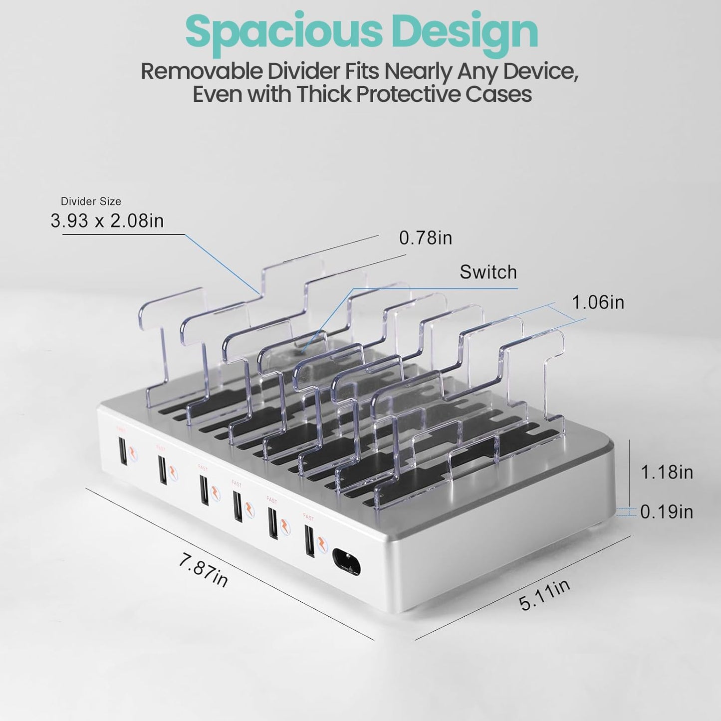 300W Fast Charging Station for Multiple Devices, 6 Port USB Charging Hub, Universal Desktop Charger Organizer Compatible with iPhone iPad Android