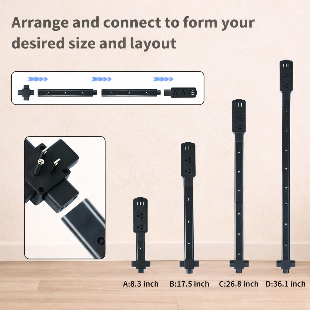 Hard-to-Reach Outlet Extender Stick, Extendable 8.3-36.1 in Slim Wall Outlet Extender with 2 AC Outlets, 2 USB-A & 1 USB-C, Low-Profile Power Stick