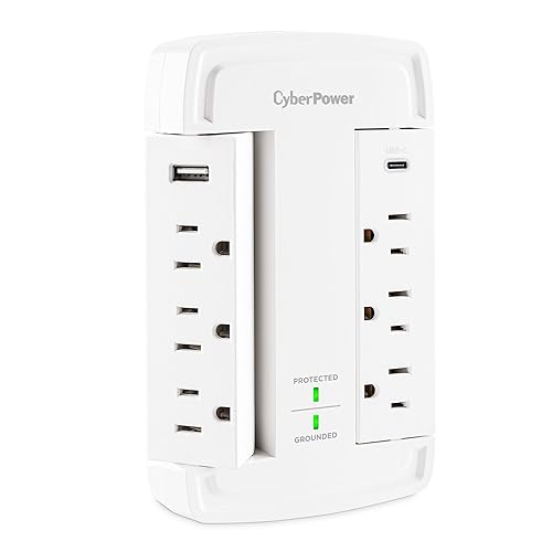 CyberPower CSP6WSUC Surge Protector, 6 Swivel Outlets, 2 USB Charging Ports, 2400J, Wall?Tap, Fast USB Charging, Home/Office