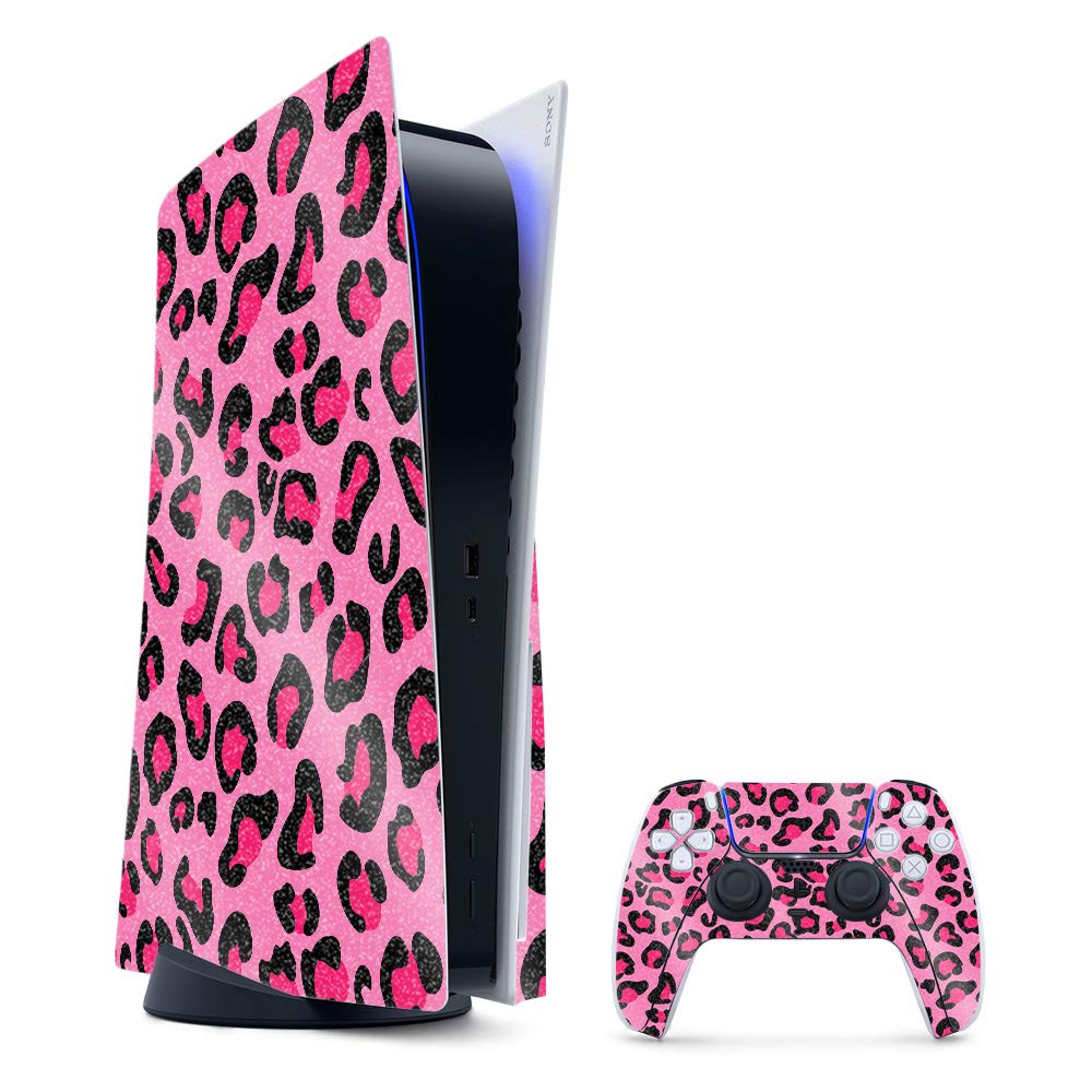 MightySkins Glossy Glitter Gaming Skin for PS5 / PlayStation 5 Bundle - Pink Leopard | Durable High-Gloss Glitter Finish | Easy to Apply and Change
