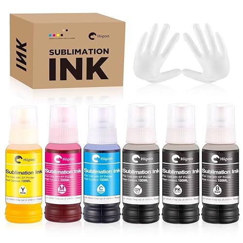 Hiipoo 600ML Sublimation Ink for ET-8500 ET-8550 Wide-Format Supertank Printers Heat Press Transfer on T-Shirt Tumblers (6x100ML, BK PB C M Y GY)