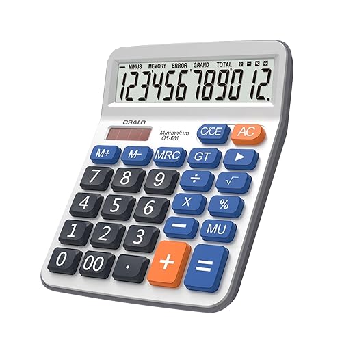 Desktop Calculator Large LCD Display 12 Digit Number Handheld Portable Pocket Basic Calculator with Big Soft Sensitive Button, Battery and Solar