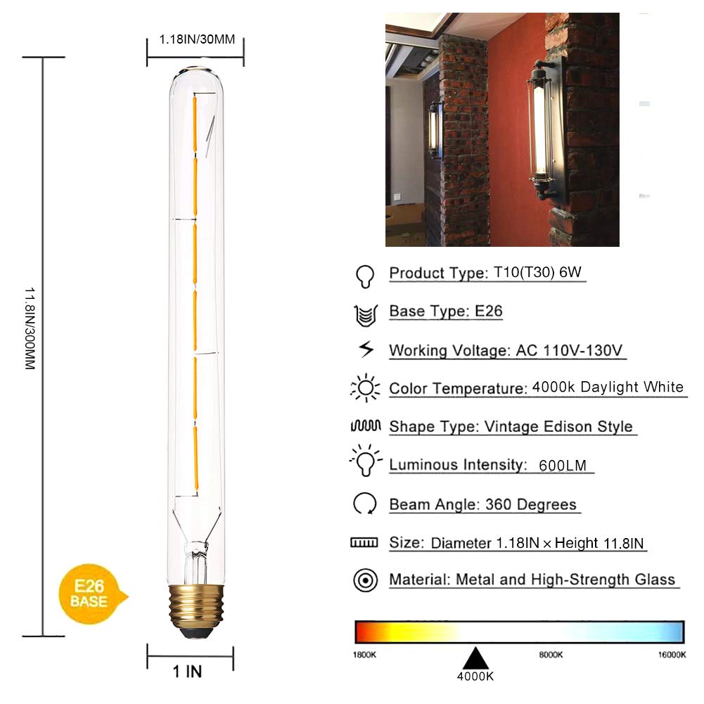 VCTC Lighting T300 6W Dimmable Led Edison Light Bulb T10(T30) Long Tubular Antique LED Filament Light,60 Watt Equivalent,4000K Daylight White,E26