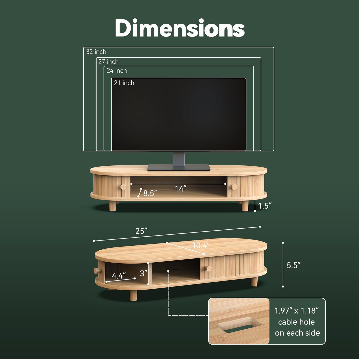 WELL WENG Bamboo Monitor Stand with Storage, Curved Computer Laptop Stand Desk Shelf Organizer with Sliding Doors (25 inch)