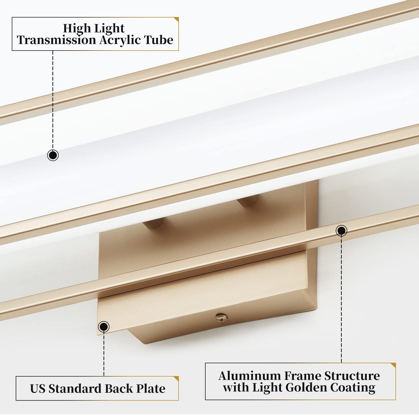 Lucalda 6000K Dimmable Bathroom Vanity Light, 26.2in Champagne Gold Bathroom Light Fixtures, 12W LED Lights Over Mirror, Acrylic Bar Vanity Lights
