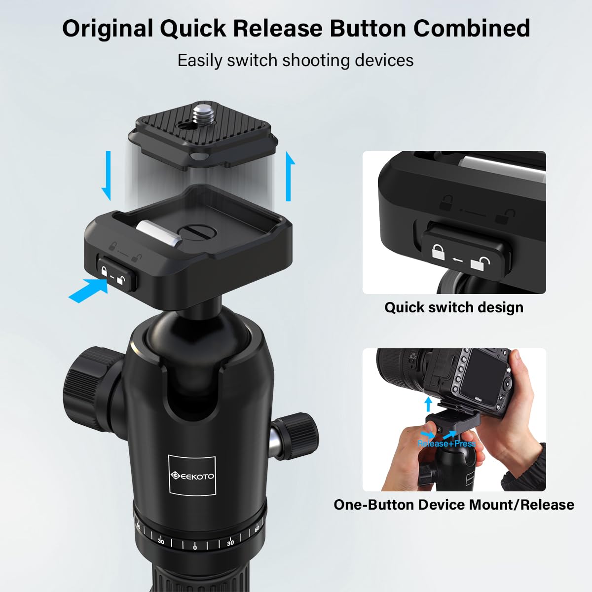 GEEKOTO 65" Carbon Fiber Camera Tripod,Heavy Duty Tripod with 360° Ball Head, 1/4" Quick Release Plate, Supports 26.5 lbs, Converts to Monopod