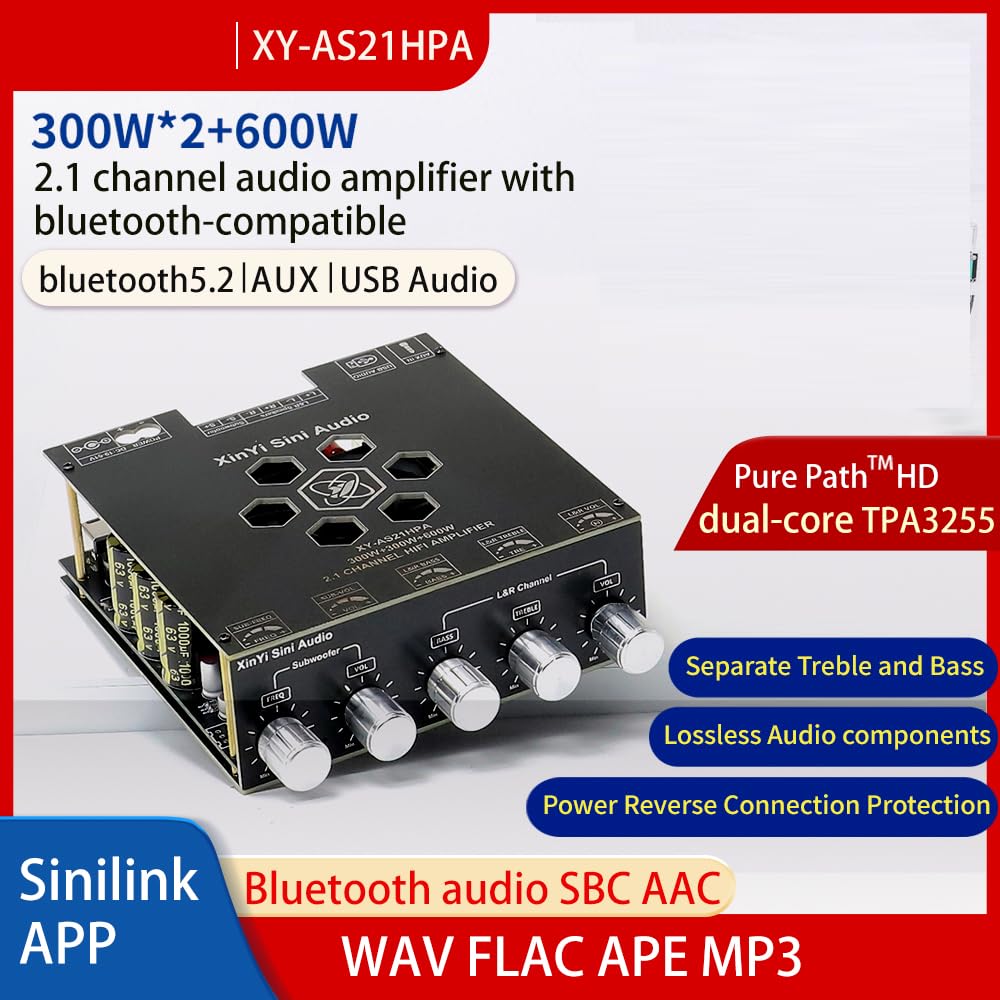 HIFIDIY LIVE AS21 TPA3255 Bluetooth 5.2 2.1 Channel Subwoofer Power Amplifier Board 300WX2+600W REBLE Bass Note Tuning AMP DC19V-50V