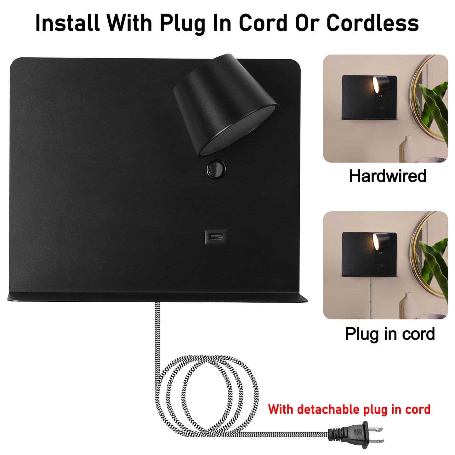 COSYLUX Modern LED Wall Sconce with Shelf, 2in1 Design Plug in & Hardwired Reading Wall Lamp for Bedroom Bedside, 6W,450lm,2700K Rotatable Wall Light