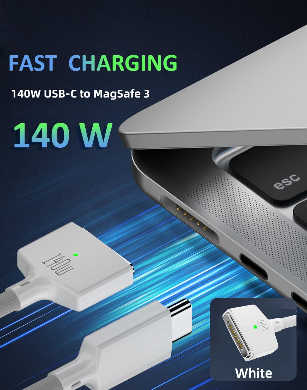 Dorwrnln 140W USB C to Magnetic 3 Charging Cable for MacBook Pro/Air (14/16/13/15-inch, 2023/2022/2024), 6.6FT