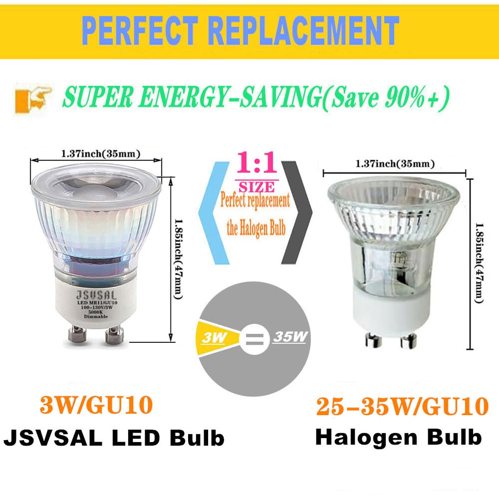 JSVSAL MR11 GU10 LED Light Bulbs,Dimmable,Daylight White, AC120V,3W,4 Pack