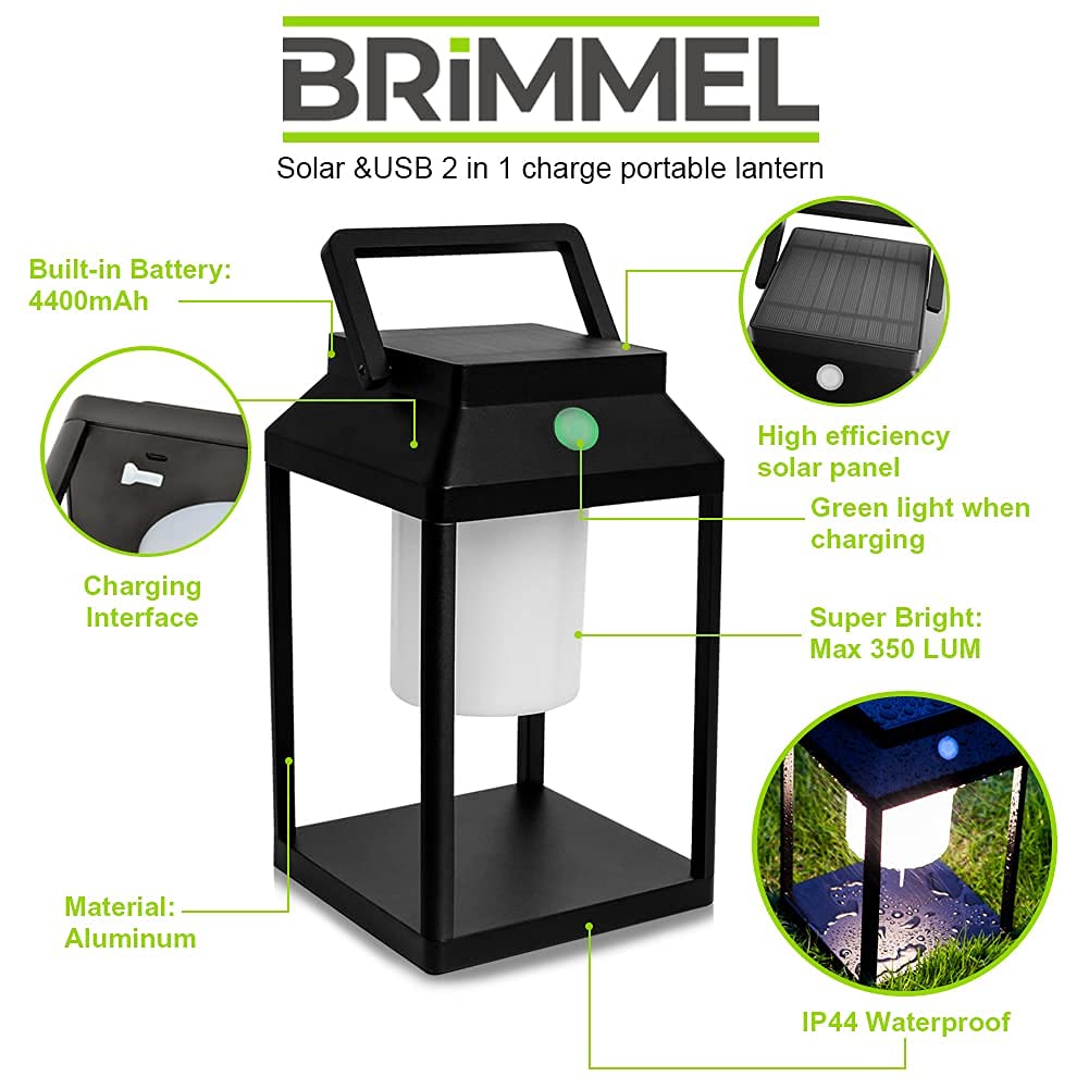BRIMMEL Solar Outdoor Lantern Aluminum LED Portable Rechargeable Table Lamp 35W 3000K Outdoor Nightstand Lamp IP44 Waterproof Cordless Touch Control