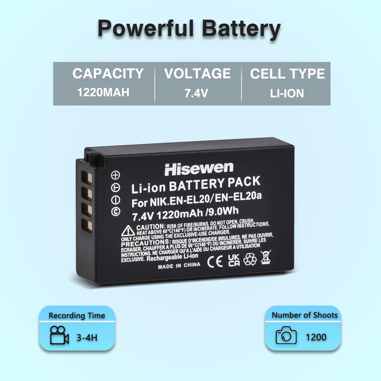 Hisewen EN-EL20 EN-EL20a Battery and Dual Charger for Nikon Coolpix P950, P1000, DL24-500, Coolpix A, 1 AW1, 1 J1, 1 J2, 1 J3, 1 S1, 1 V3 Digital