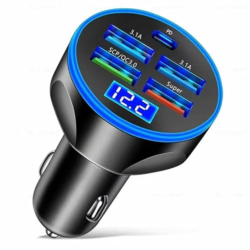 Full PD 30W Multi Port USB C Car Charger Adapter 5 in 1 with Voltage Display, PD4.0/QC4.0/PPS/AFC Super Fast Charging Cigarette Lighter Adapter