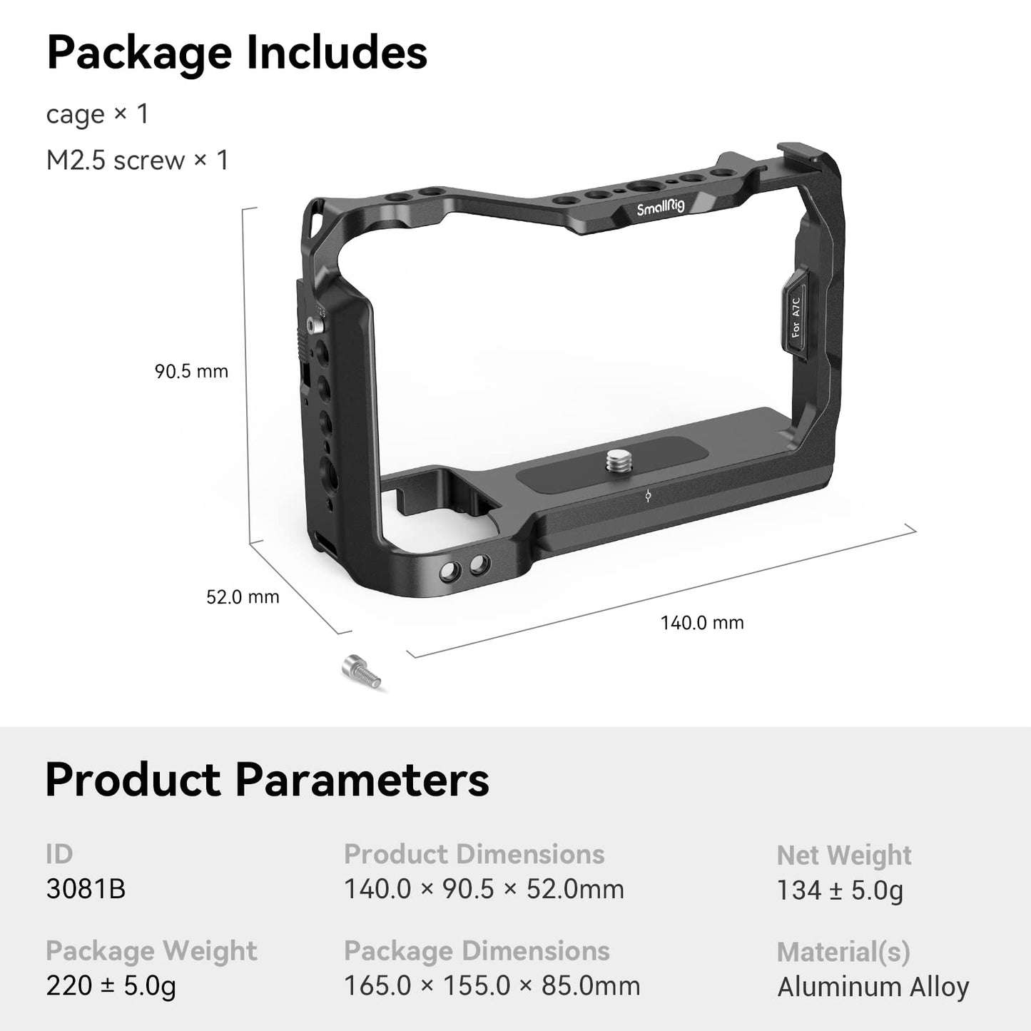 SmallRig A7C Aluminum Alloy Full Cage Camera for Sony A7C, Integrated Cold Shoe, with Quick Release Plate for Arca-Swiss and Locating Holes for ARRI