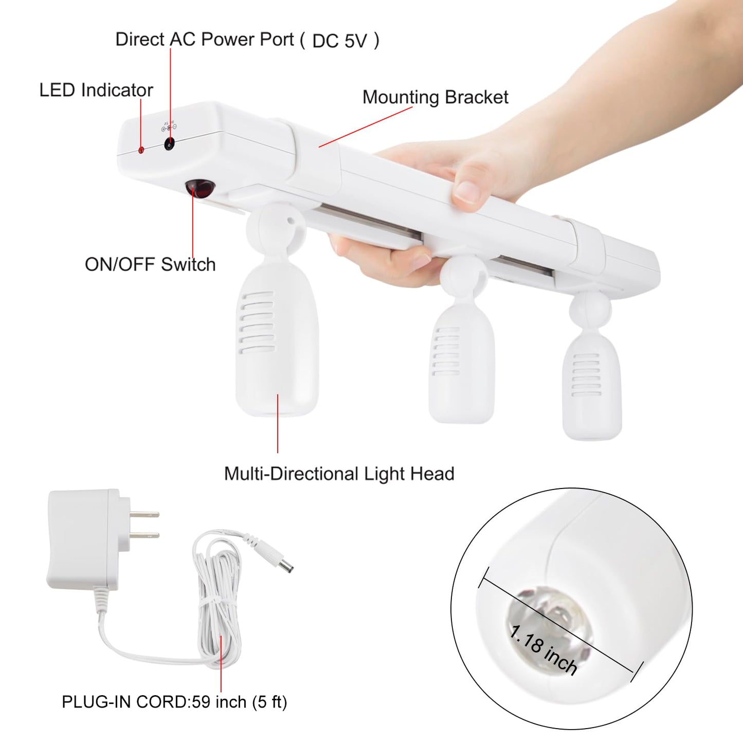 LUXSWAY LED Track Light Plug in Spotlight with Remote and 3 Adjustable Light Heads, Dimmable Under Cabinet Track Lighting for Indoor Artwork, Picture