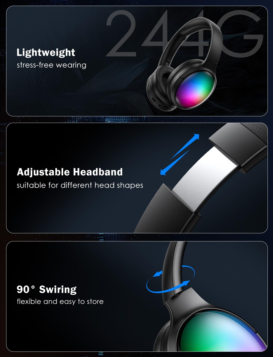 ONITOON Bluetooth Headphone with Cool RGB Light, Foldable Lightweight Wireless Over Ear Headphone, 90° Rotatable Earcups, HiFi Stereo with Deep Bass…