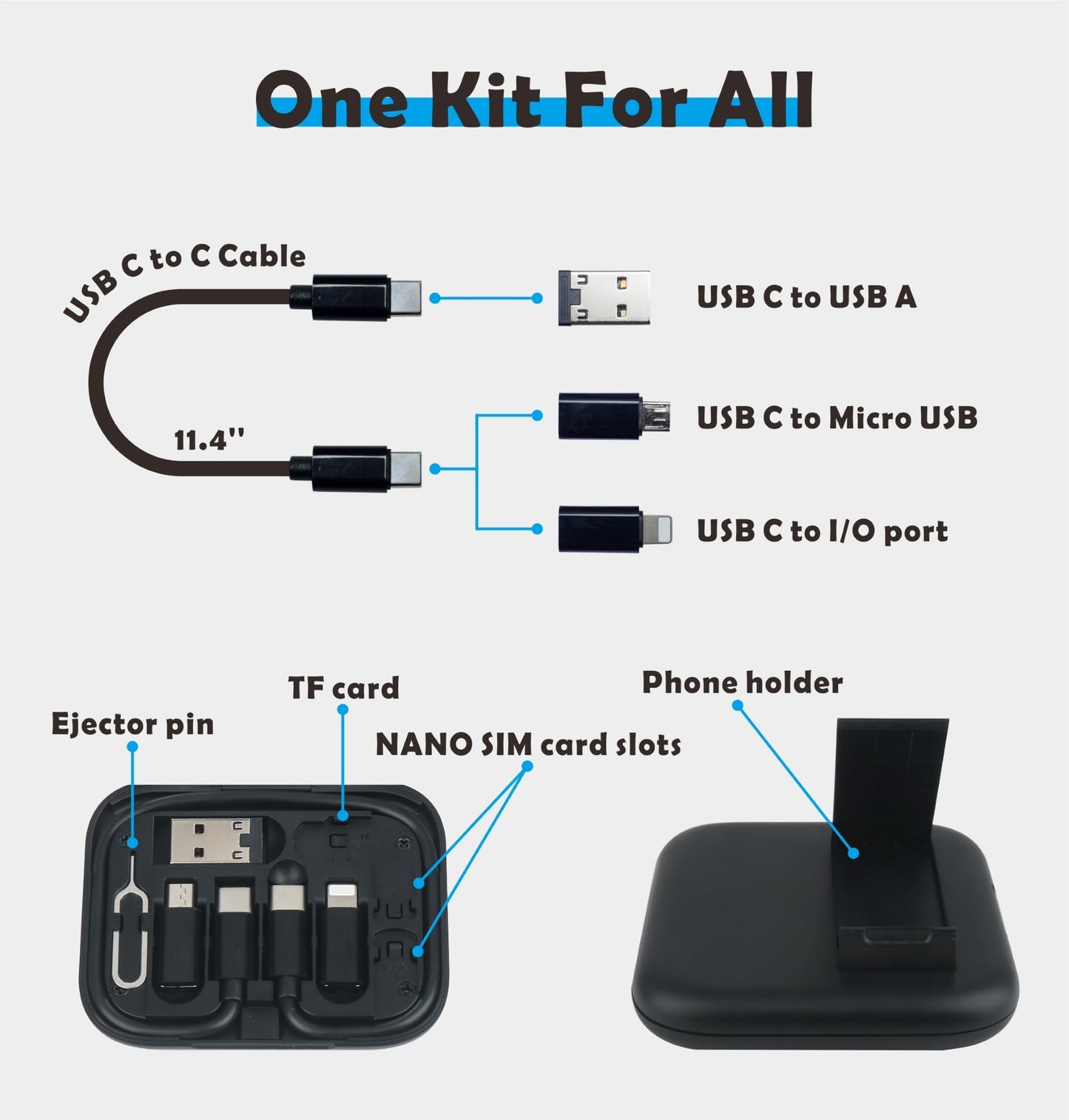 Yinow USB-C Charge Card: Multi USB Charging Adapter Cable Kit with 28cm Cable, USB C to A/Micro USB/Light Adapters, Portable Mirror Case for Travel