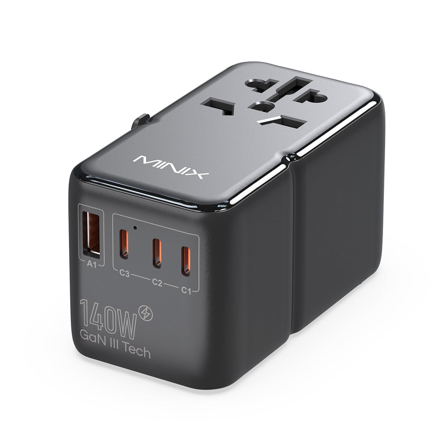 MINIX 140W Universal Travel Adapter – GaN III International Charger with 3 USB-C, 1 USB-A & AC Outlet, US/UK/EU/AU Plug for Laptops, Phones