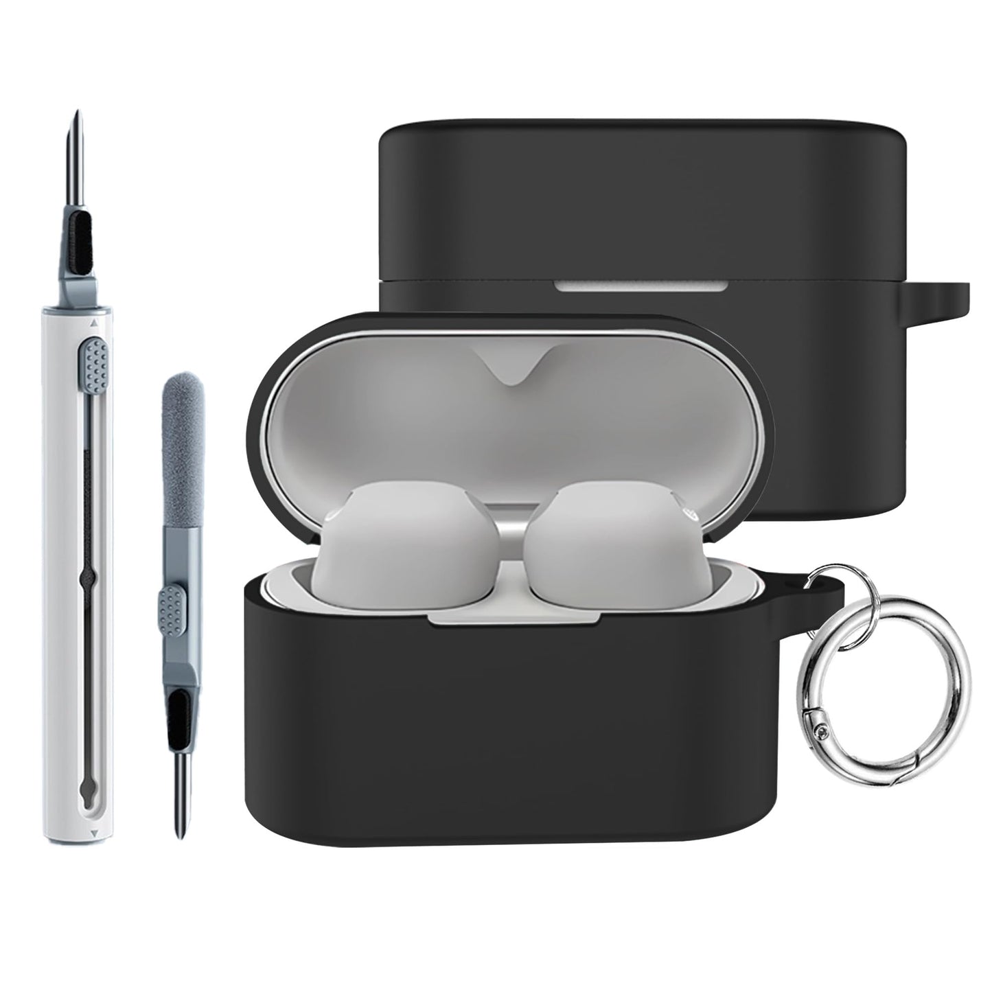 Compatible with Sony WF-1000XM6 Case Cover,Shock-Proof,Premium Silicone with Silver Ring Buckle Cleaning Accessories-Black