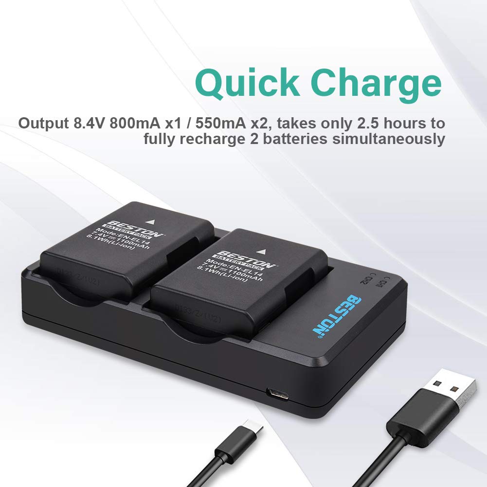 BESTON 2-Pack EN-EL14 / EN-EL14a Battery Packs and Rapid USB Charger Compatible with Nikon D3100 D3200 D3300 D3400 D3500 D5100 D5200 D5300 D5500 D5600