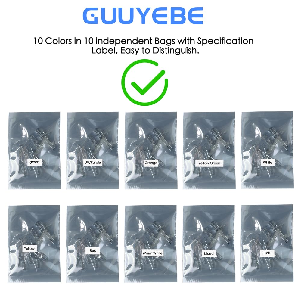 GuuYebe LEDs, Single LED Light LED Diode Lamp DIY Kit 3mm 10 Colors 10PCS