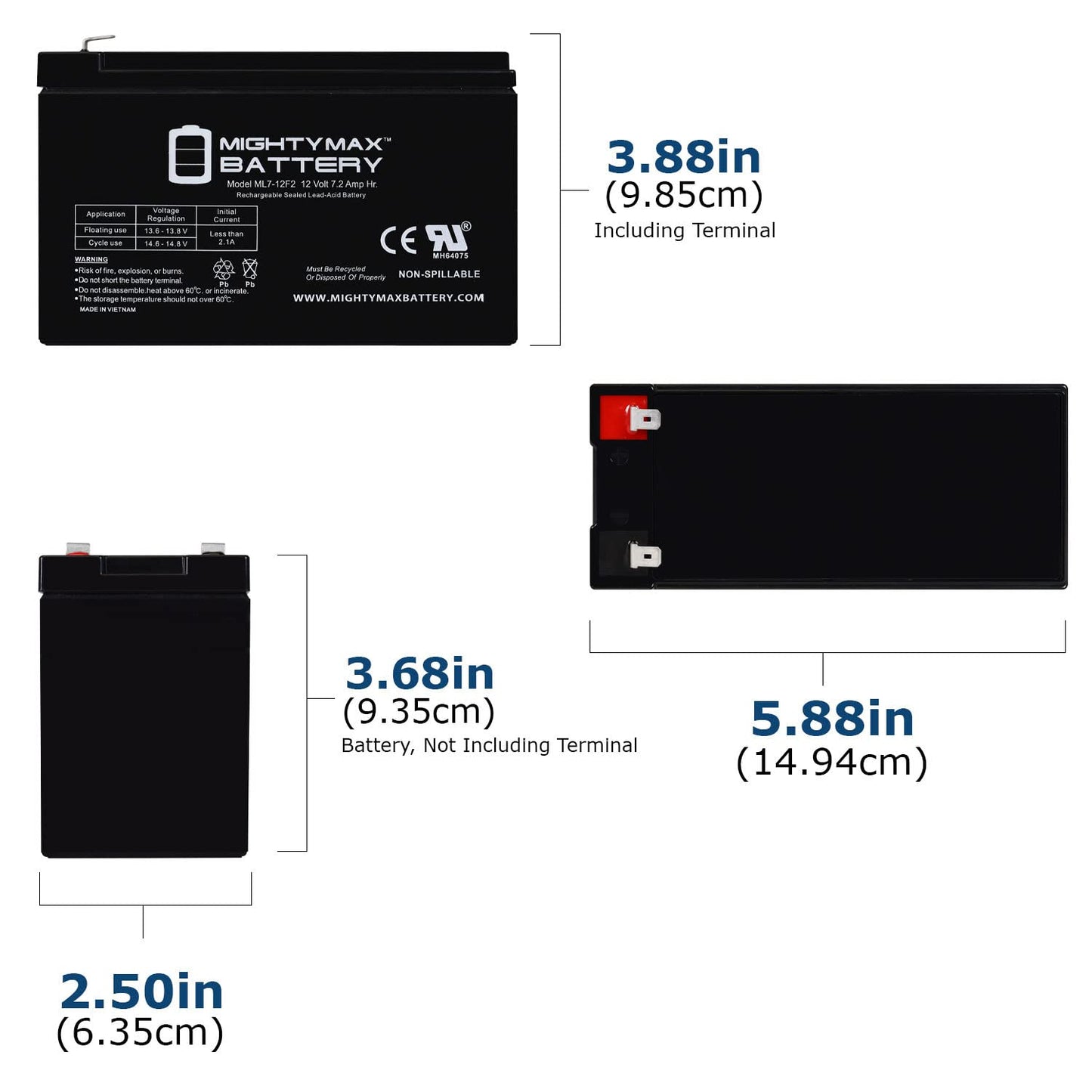 Mighty Max Battery ML7-12F2 - 12 Volt 7 AH, F2 Terminal, Rechargeable SLA AGM Battery